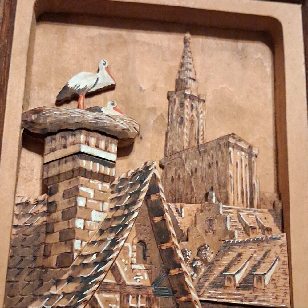 Vintage Wood Raised Relief Wall Plaque Strasbourg Cathedral Storks, Hanging